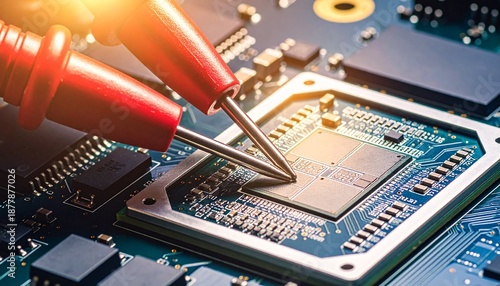 Close-up of red multimeter probes testing a computer chip on a circuit board, showcasing electronic diagnostics and hardware engineering