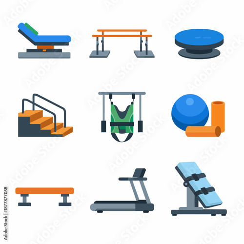 Various gym equipment icons: treadmill, bench, balance, stretching, strengthening