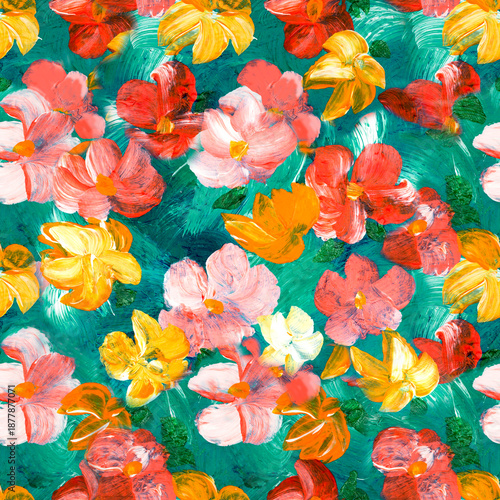 Wallpaper Mural Seamless pattern of abstract painting red and yellow flowers, original hand drawn, impressionism style, color texture, brush strokes of paint, art background. Torontodigital.ca