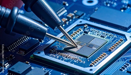 Close-up of a technician's hands using probes to test a complex microchip, highlighting electronic components and circuitry for technological innovation