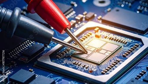 Close-up view of a multimeter's probes touching a metallic contact point on a microchip, showcasing intricate electronic components and circuits with a bright glow