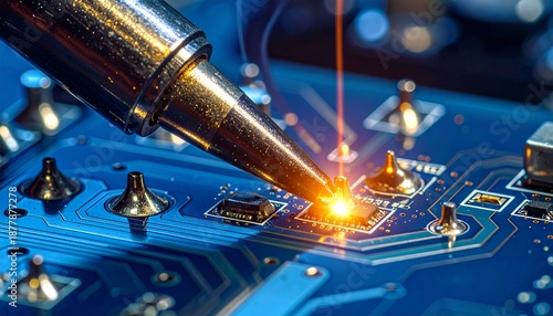 Close-up of a soldering iron tip heating a circuit board, sparking with light as it creates a connection