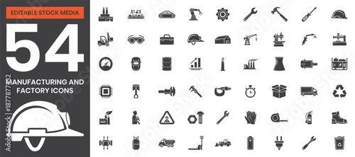 Industrial Manufacturing & Factory Icons Set Featuring Machinery, Automation, Engineering Equipment, Construction Safety, Mechanical Tools, Power Systems, & Production Items. Editable Vector File