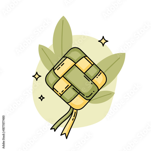 Traditional woven bamboo food wrapper with green leaves