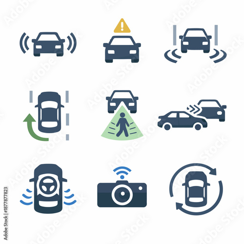 Car safety technology icons highlighting collision detection and lane assistance