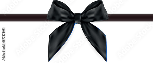 Elegant Black Satin Gift Bow and Horizontal Ribbon, Realistic Silk Decorative Knot for Luxury Packaging and Mourning, Vector Illustration