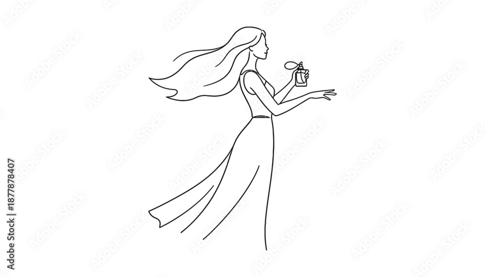 Fototapeta premium Continuous one line art drawing of a woman with long hair is holding a perfume bottle in her hand.