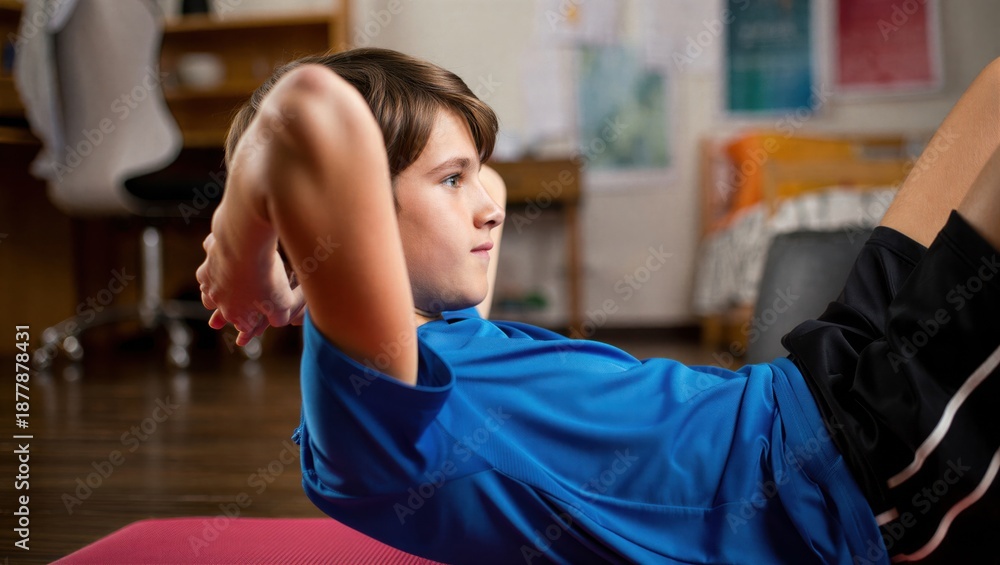 Fototapeta premium A young boy performs sit-ups on a yoga mat in a cozy home environment. Fitness and exercise routine for children.