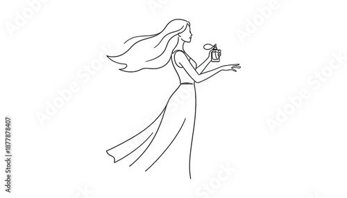 Continuous one line art drawing of a woman with long hair is holding a perfume bottle in her hand.
