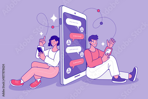 A man and woman sitting and using smartphones to chat through a giant mobile interface, representing social media networking, digital communication, and virtual connection.