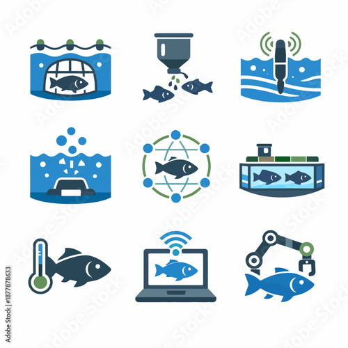 Aquaculture technology icons: feeding, monitoring, automation, temperature, networking