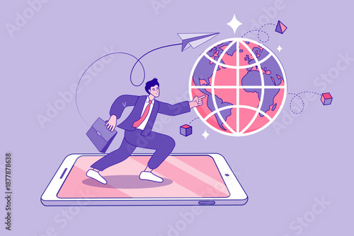 A professional man holding a briefcase running on a giant smartphone towards a digital globe, symbolizing business expansion, global connectivity, and modern digital communication.