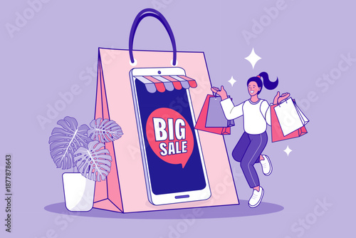 A cheerful woman holding shopping bags next to a giant smartphone storefront, illustrating online retail, seasonal discounts, and the convenience of mobile commerce.