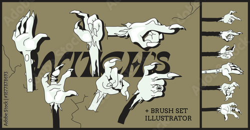 A set of witch graphic pointer hands with pointer brushes for illustrators for party decoration, Halloween, and design.