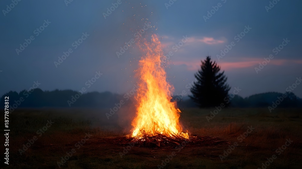 Fototapeta premium A large vibrant bonfire blazes brightly in a field during twilight casting a warm glow against the darkening sky