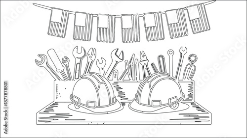 Industrial tools safety helmets flags line art illustration