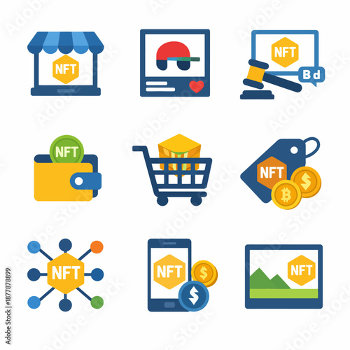 Nft icons collection: store, wallet, auction, tag, shopping cart, mobile, network