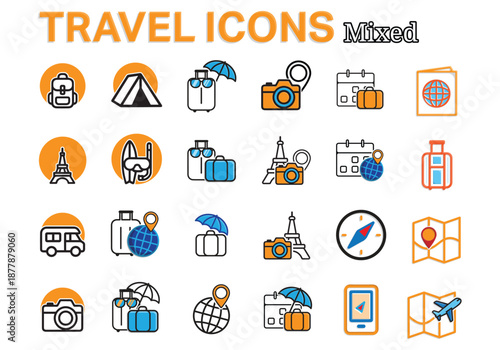 Travel icon set. Designs related to travel, such as vacations, beaches, airplanes, the Eiffel Tower, location signs, and more. Mixed design style.