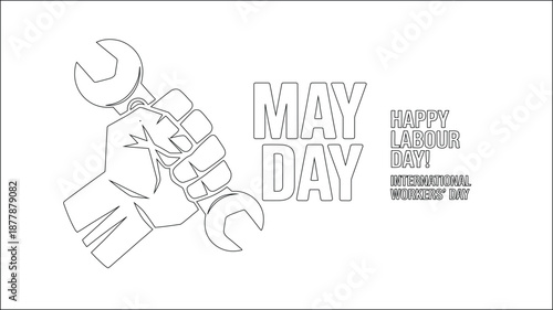 International Workers Day outline with a powerful fist holding wrench