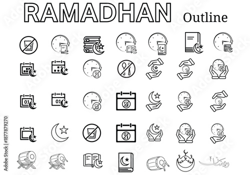 ramadan icon set. designs related to the month of Ramadan such as fasting, Islamic drum, Al Koran, Arabic Ramadan and others. Outline design style.