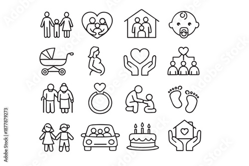 Set of outline icons related to family. Linear icon collection with white background