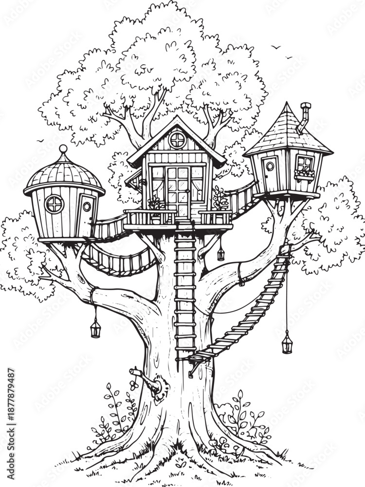 Obraz premium Fantasy Treehouse Homes with Wooden Bridges in Magical Forest Illustration
