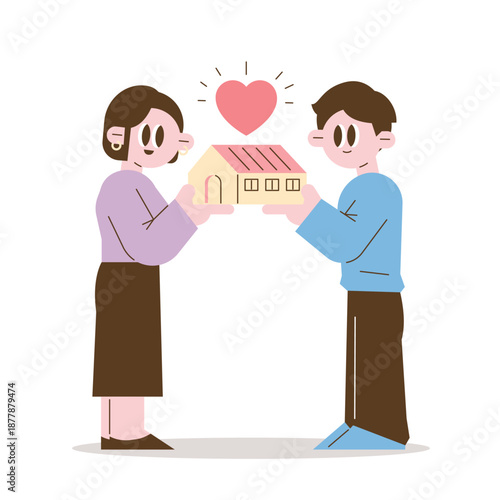 Cute couple holding house with heart symbol love home ownership real estate lifestyle illustration