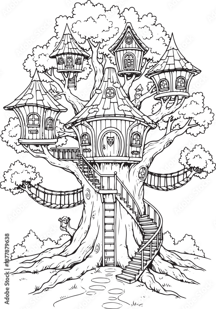 Naklejka premium Fairytale Treehouse Village Illustration for Coloring and Storybooks