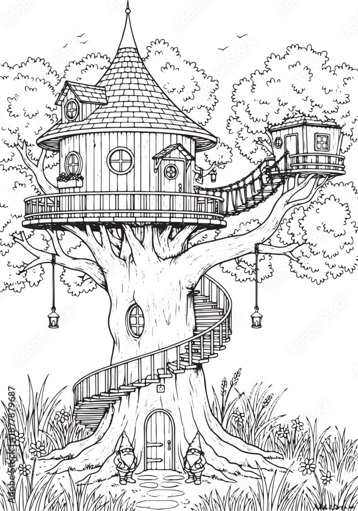 Naklejka premium Fantasy Woodland Treehouse Village with Whimsical Architecture