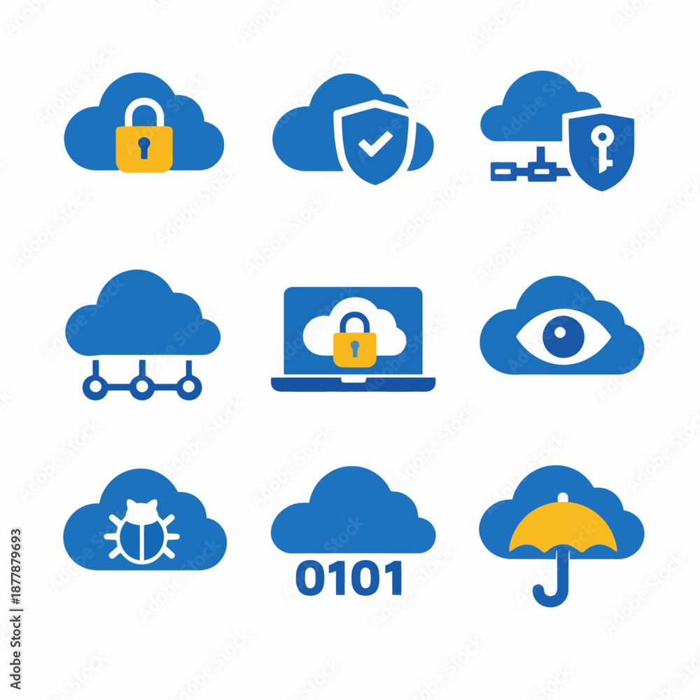 Obraz premium Cloud security icons set featuring lock, shield, bug, code, and umbrella