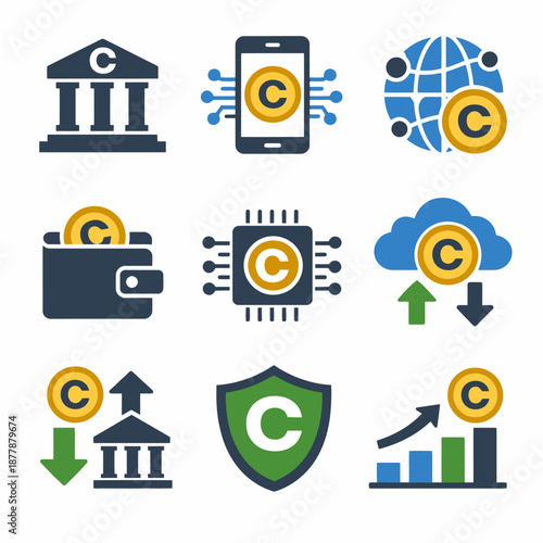 Financial technology icons collection featuring encryption and cloud computing