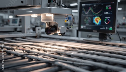 Medium shot of an AIpowered camera system inspecting cords on a manufacturing line highlighting surface defect detection with realtime data analysis.