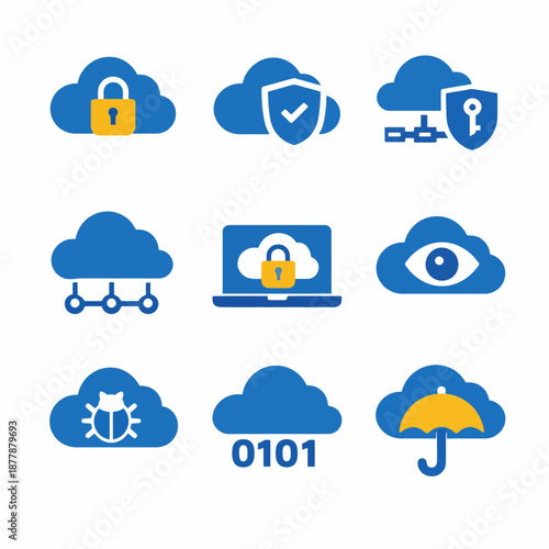 Cloud security icons set featuring lock, shield, bug, code, and umbrella