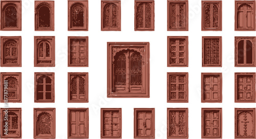 Ancient indian doors and windows collection with wooden texture and traditional archway patterns for building decoration