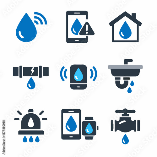 Water leak detection icons for home and mobile monitoring systems