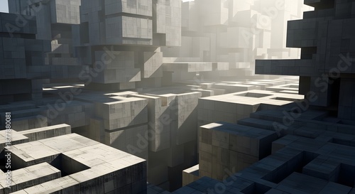 A surreal, abstract geometric landscape composed of stacked cubic and rectangular forms bathed in soft, atmospheric light, creating a sense of vast, desolate space.