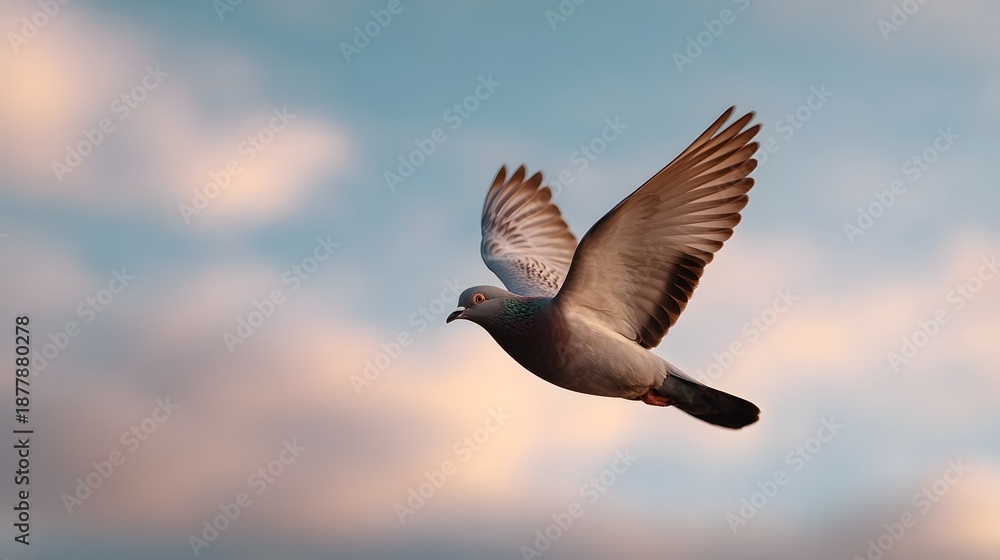 Fototapeta premium A pigeon gracefully flies through a sky filled with soft pastel clouds during the golden hour