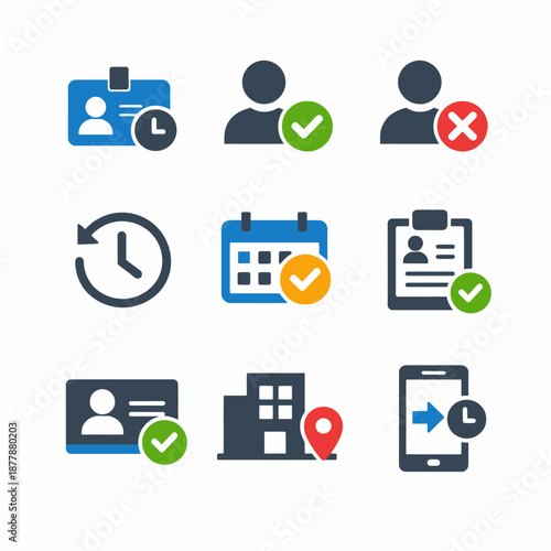 Colorful vector icons: profile verification, calendar, clock, office, mobile access