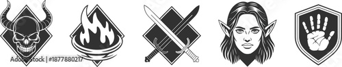 Fantasy emblem icon set with skull flame elf warrior swords shield symbols black white vector badges design collection