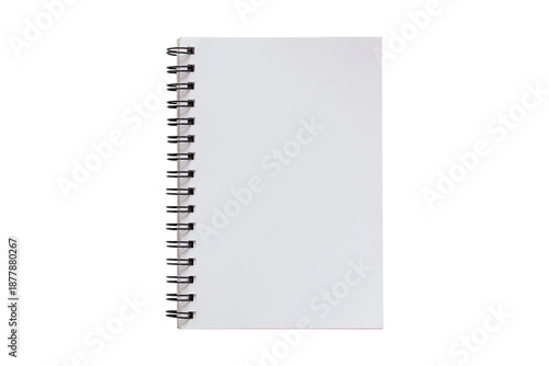 Blank open spiral notebook with empty paper pages and a ring binder isolated on a white background for business, office, or education document notes