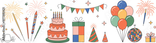 Festive celebration elements with fireworks balloons cake candles disco ball gift boxes party decorations isolated illustration set for events holidays