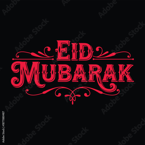 Eid Mubarak English typography vector art with elegant decorative lettering on white background for Islamic holiday greetings celebration graphics and festive design projects.