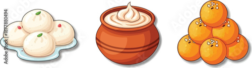 Assorted indian sweets: rasgulla, mishti doi, and laddu, traditional delicacies for festive celebrations