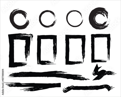 Abstract black brush strokes forming circles squares and linear shapes