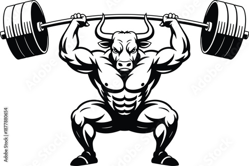 Muscular bull weightlifter lifting barbell in powerful squat strength training workout fitness motivation logo vector illustration for sports nutrition bodybuilding gym apparel athletic performance br