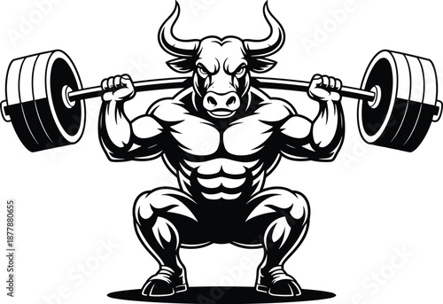 Powerful muscular bull bodybuilder lifting heavy barbell in weightlifting squat exercise black and white vector illustration for fitness gym training strength sports mascot athletic performance achiev