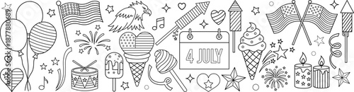 Fourth of july outline seamless pattern with patriotic doodle elements fireworks flags calendar balloon and celebration icons