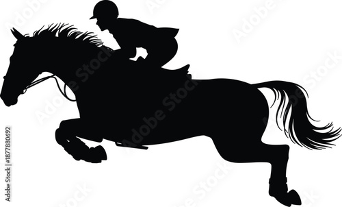 Equestrian horse jumping silhouette illustration of horseback rider performing in show jumping competition event for sports advertising and equine industry promotion of equestrianism sport and leisure