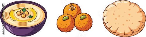 Assortment of flavorful mediterranean treats featuring chickpea puree falafel balls and fluffy flatbread