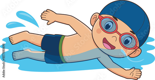 Cartoon boy swimming in blue water with goggles and swim cap creating water splashes pool sport